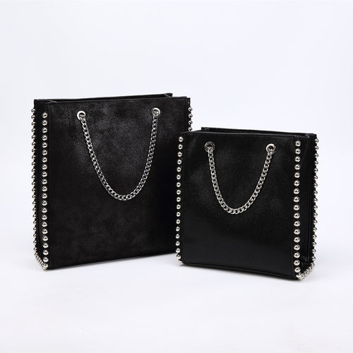 Retro Large Capacity Handbags Women Fashion Chain Rivet Messenger Bag Lady Commuting Pu Leather Purses Bags Solid Color Bag Bead